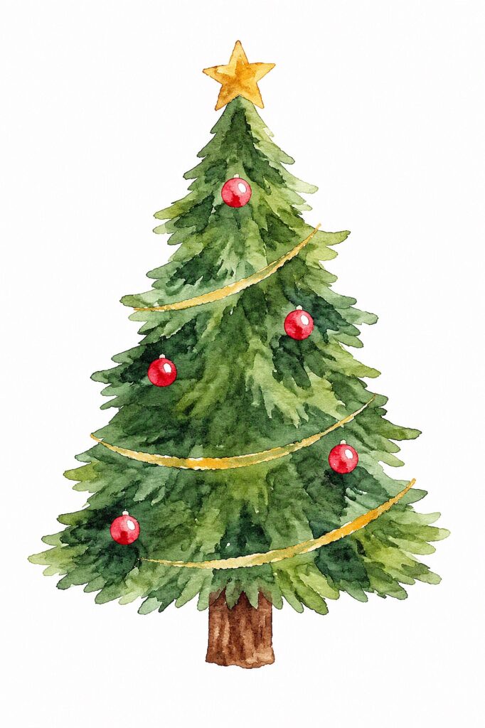 Watercolor Christmas tree decorated with red baubles and a star on top.