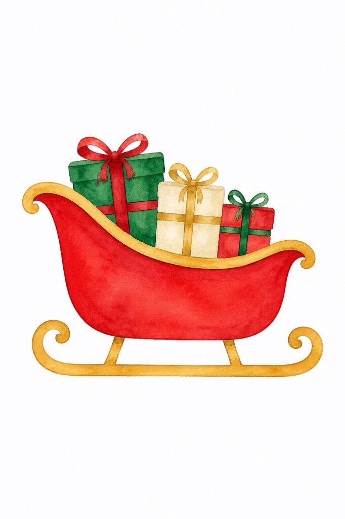 Watercolor Christmas sleigh with wrapped presents in red, green, and gold.