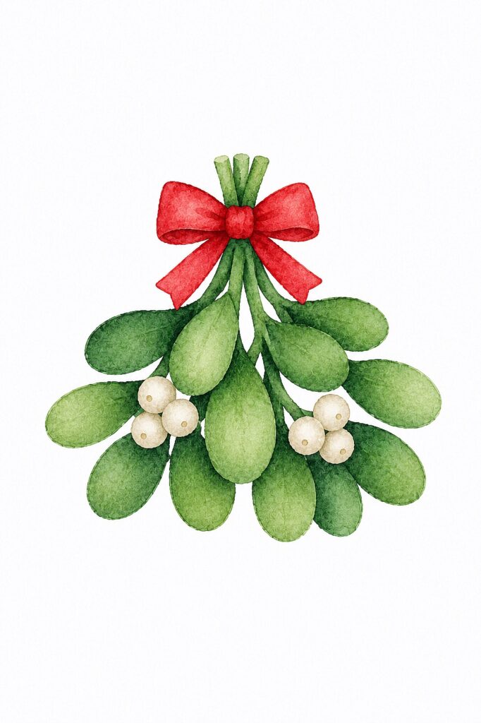 Watercolor holly with green leaves, white berries, and red bow for Christmas.