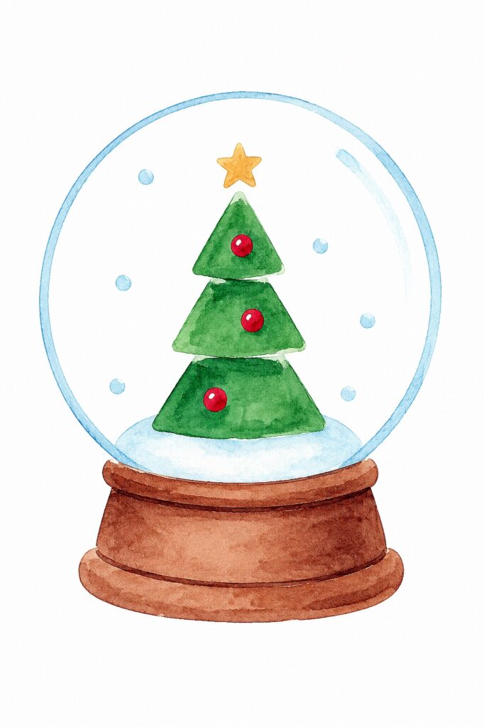 Watercolor Christmas tree inside snow globe with red ornaments and star.