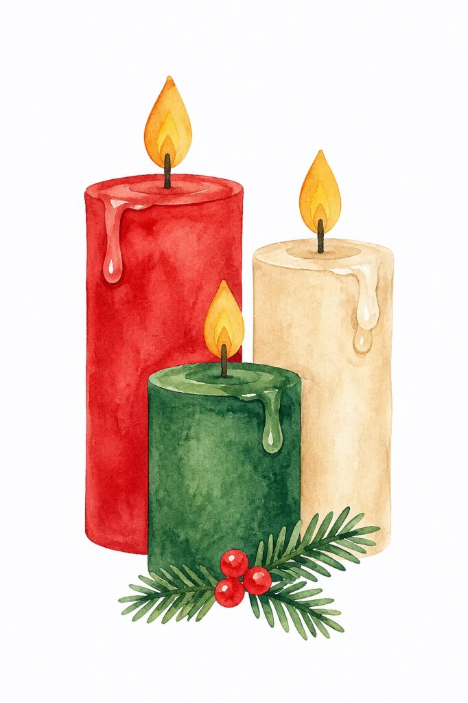 Watercolor painting of three lit Christmas candles with holly and berries.