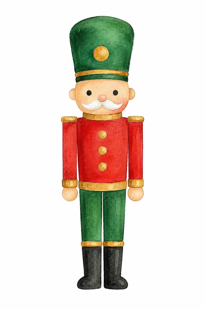 Cute watercolor nutcracker soldier with green hat and red uniform for Christmas decor.
