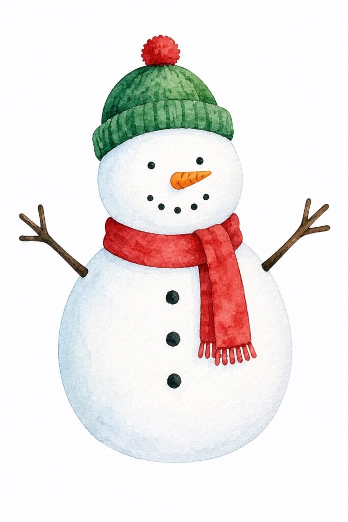 Cute watercolor snowman with green hat, red scarf, and twig arms for Christmas decor.
