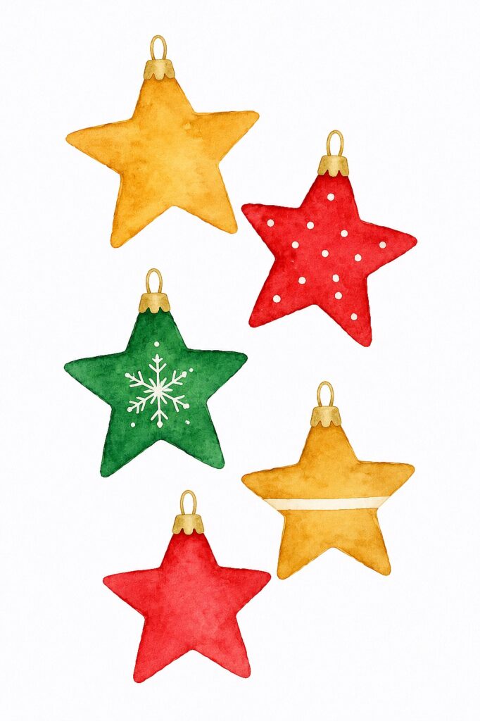 Colorful watercolor Christmas star ornaments with gold hooks for decoration.