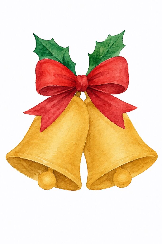 Watercolor Christmas bells with holly and red bow for holiday decor.