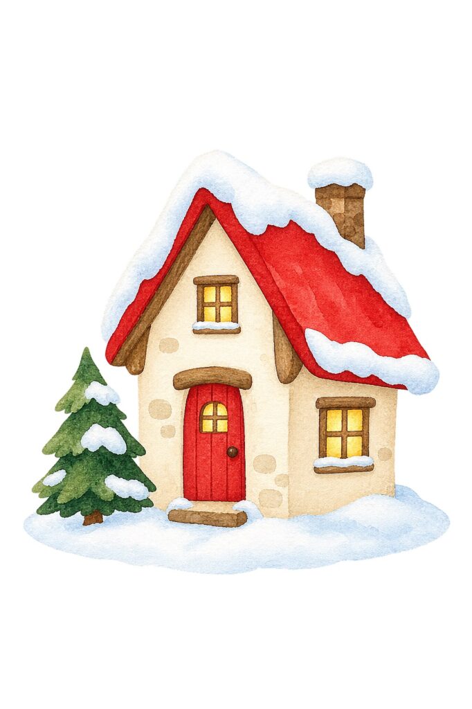 Watercolor painting of a cozy house with snow-covered roof and a Christmas tree.