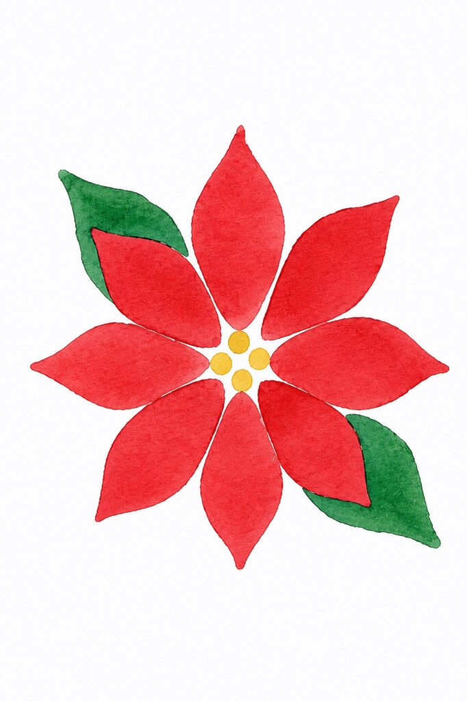 Watercolor poinsettia with red petals and green leaves for Christmas decor.