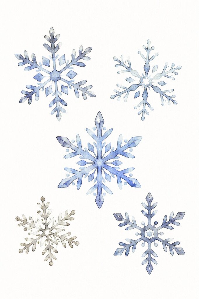 Beautiful watercolor snowflakes in blue and silver for holiday decor.