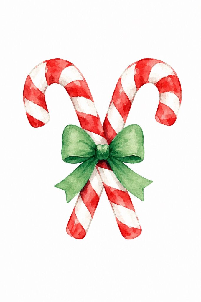 Watercolor Christmas candy canes with a green bow for holiday decor.