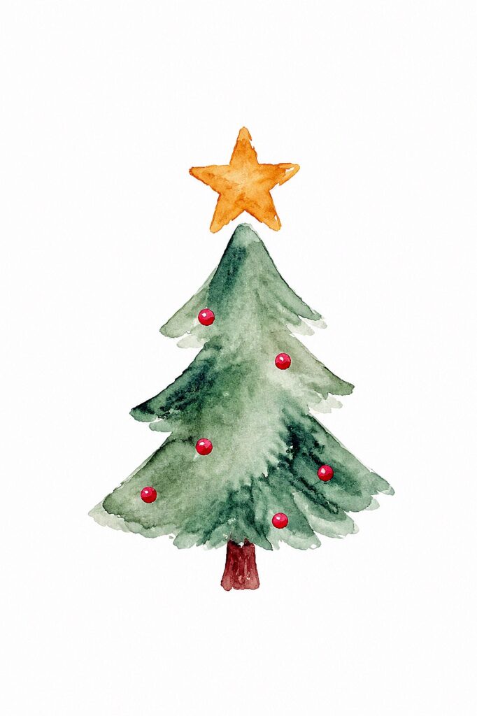 Watercolor Christmas tree with red ornaments and a star on top.