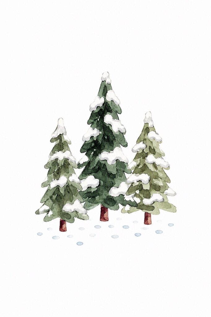 Watercolor painting of three snow-covered Christmas trees with footprints in snow.
