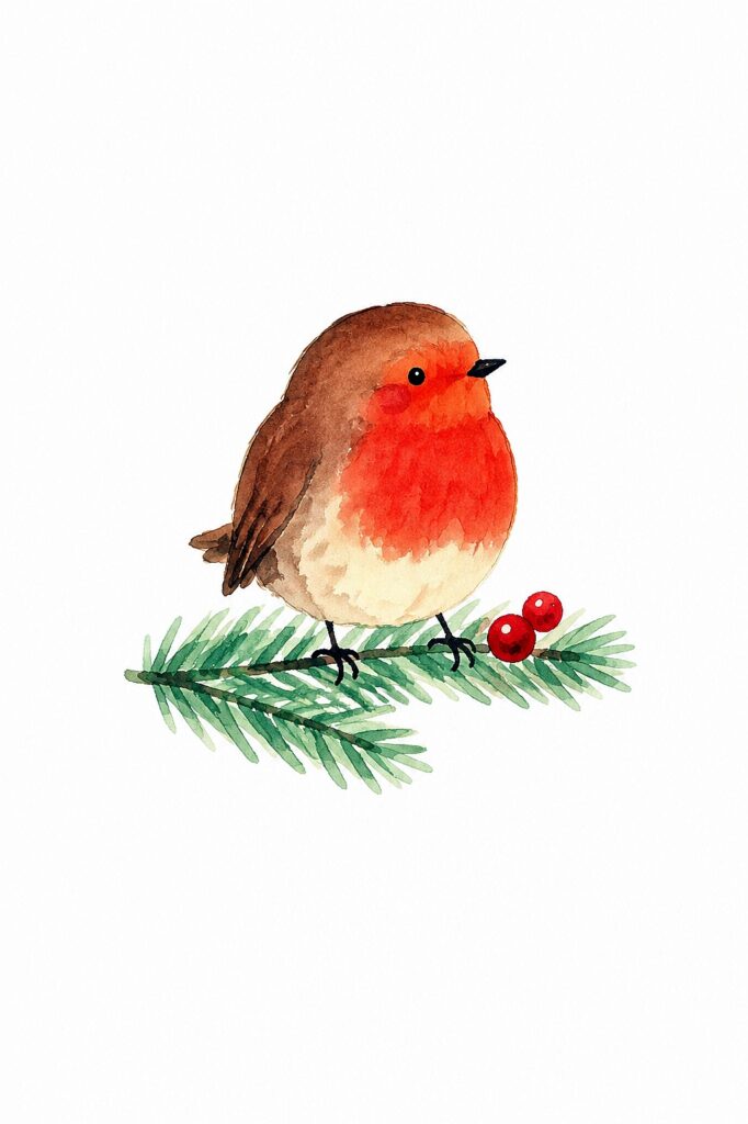 Watercolor robin bird with red breast on pine branch with berries.
