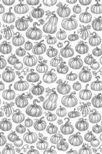 Black and white sketch of various pumpkins and gourds for fall decor.