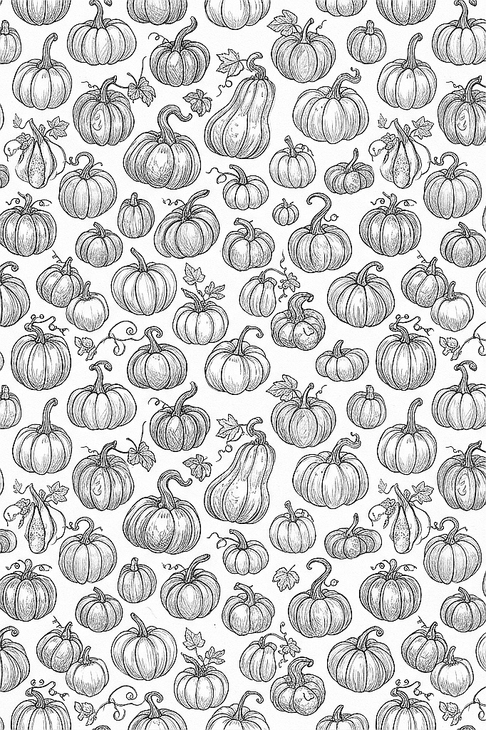 Black and white sketch of various pumpkins and gourds for fall decor.