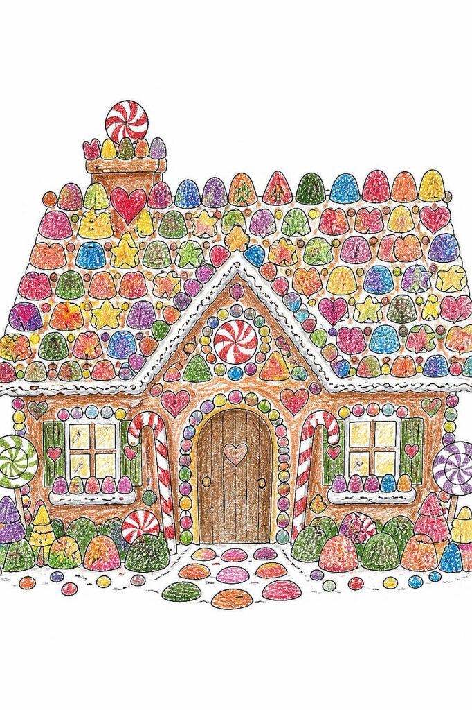 Colorful gingerbread house with candies, sweets, and festive decorations.