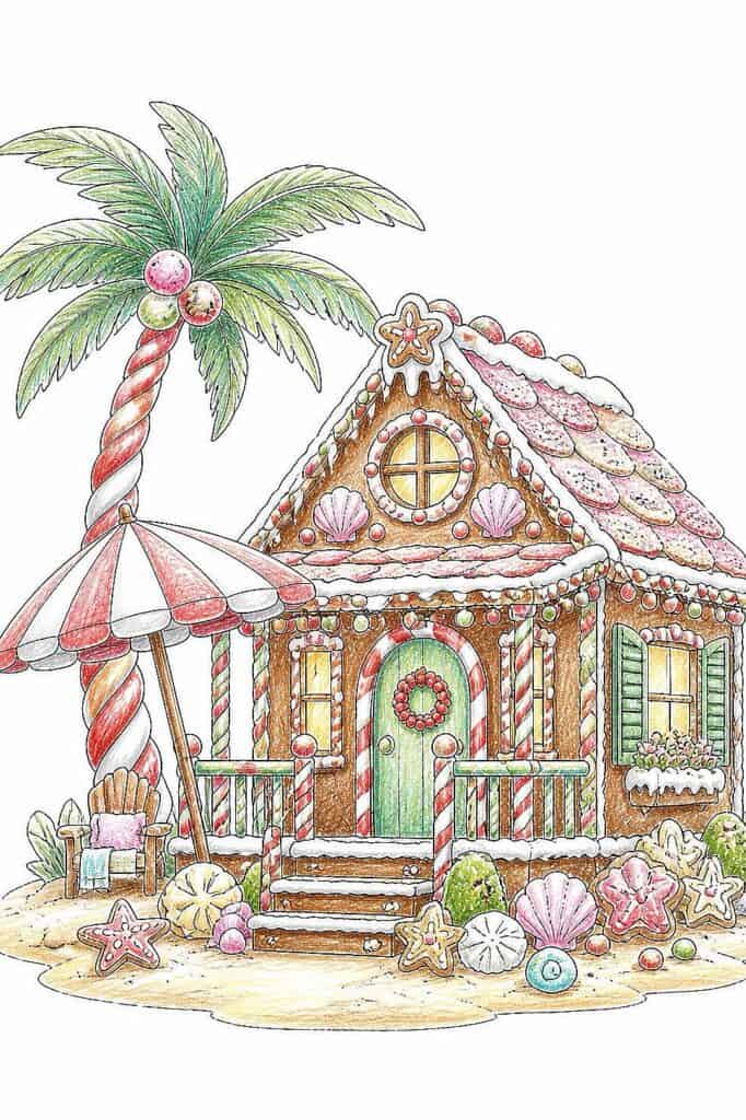 Decorative gingerbread house with candy canes, wreath, and snow accents.