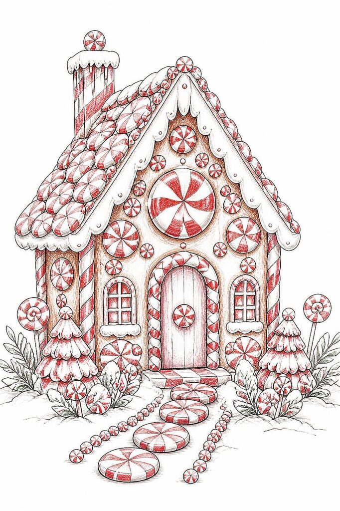 Cute gingerbread house with peppermint candy decorations and a candy cane chimney.