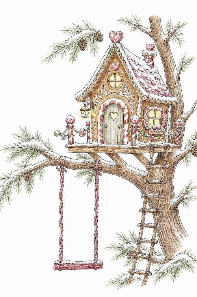 Cute gingerbread house with candy details on a tree branch, perfect for holiday drawing ideas.