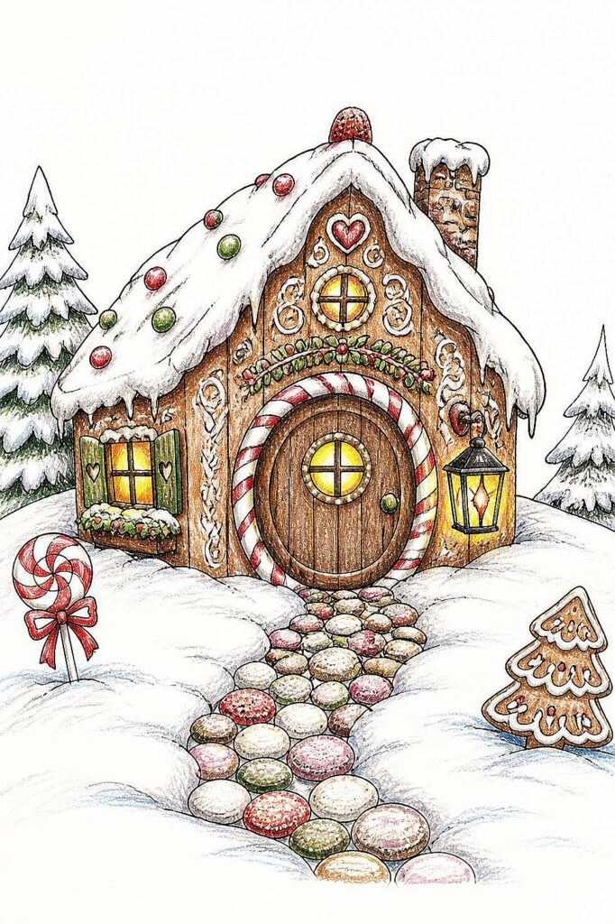 Adorable gingerbread house with snow, candy decorations, and Christmas trees.