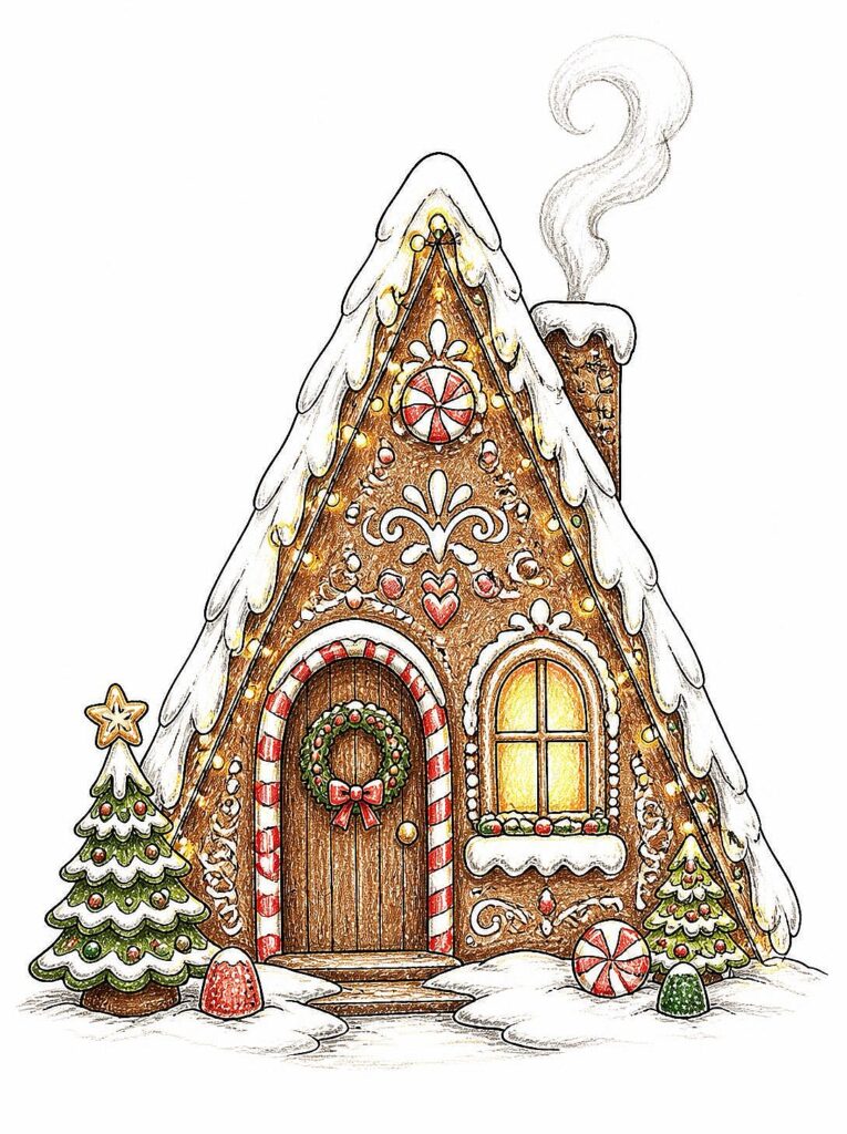 Decorated gingerbread house with snow, candy, and Christmas trees for drawing.