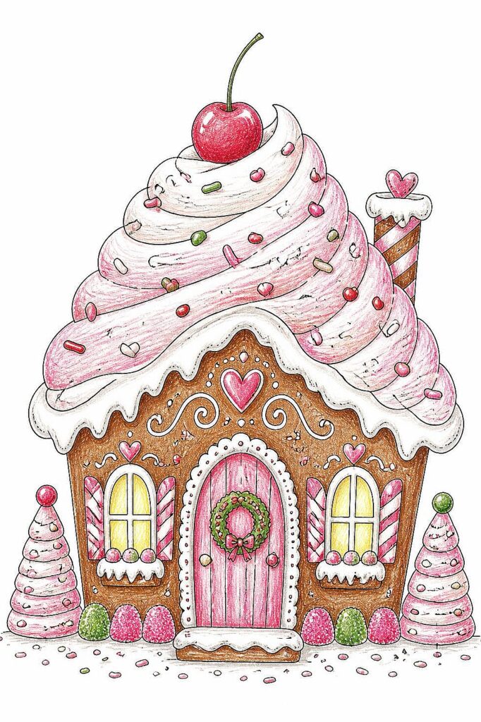 Adorable gingerbread house with pink frosting, cherry, and festive decorations.