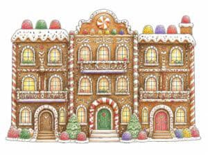 Colorful gingerbread house with candy decorations and snowy roof.