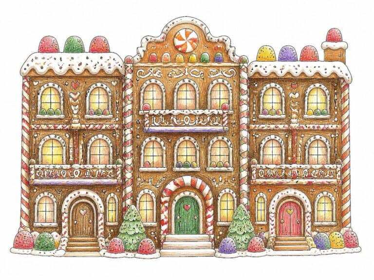Colorful gingerbread house with candy decorations and snowy roof.