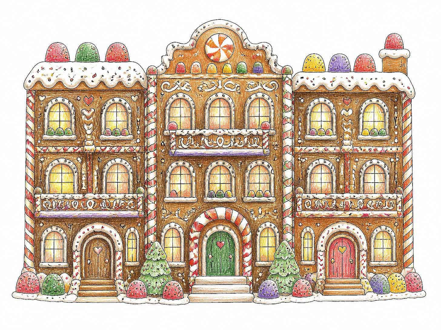Colorful gingerbread house with candy decorations and snowy roof.