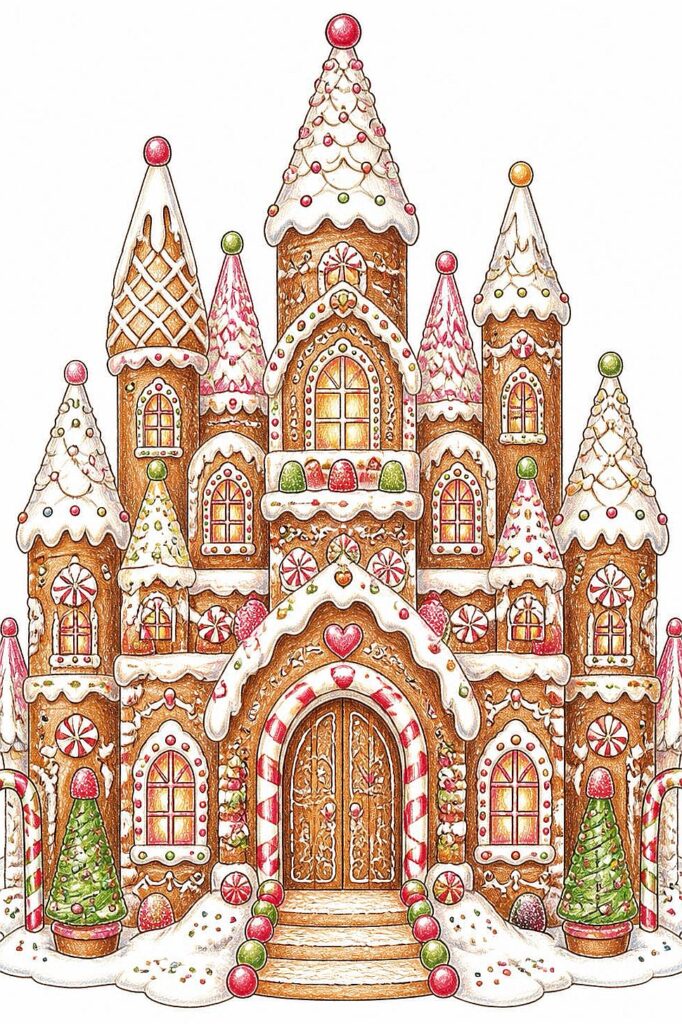 Colorful gingerbread house with candy decorations and snow accents.