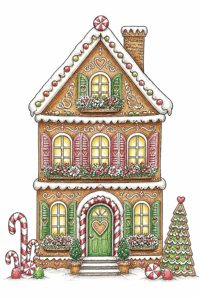 Colorful gingerbread house with candy canes, Christmas tree, and festive decorations.