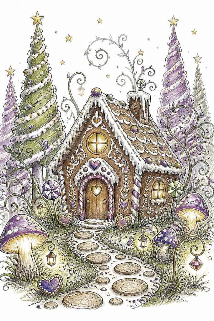 Cute gingerbread house with snowy roof, surrounded by mushrooms and trees, in a magical winter scene.