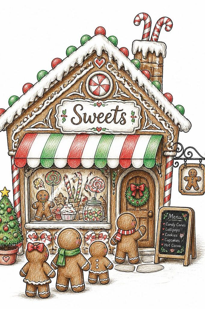 Cute gingerbread house with sweets, candies, and gingerbread figures for Christmas.