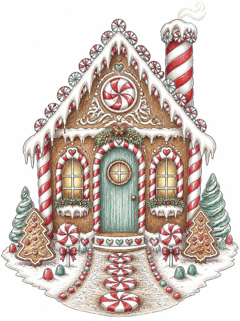 Decorative gingerbread house with candy canes, snow, and Christmas trees.