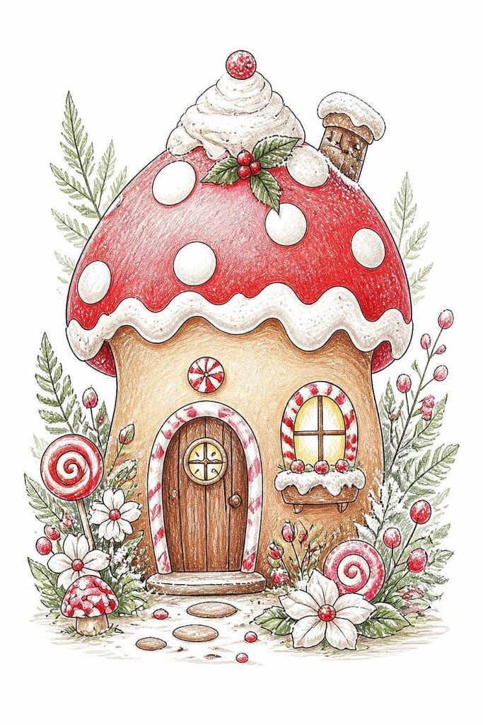 Whimsical gingerbread house with red mushroom roof and holiday decorations.