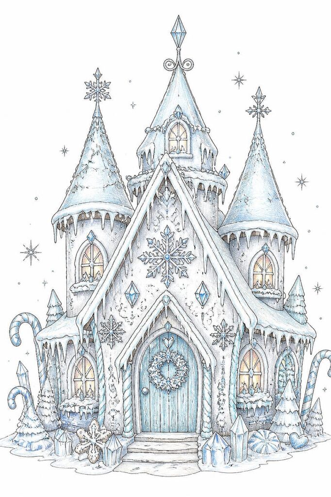 Detailed winter castle with snow, icicles, and festive decorations for holiday art.