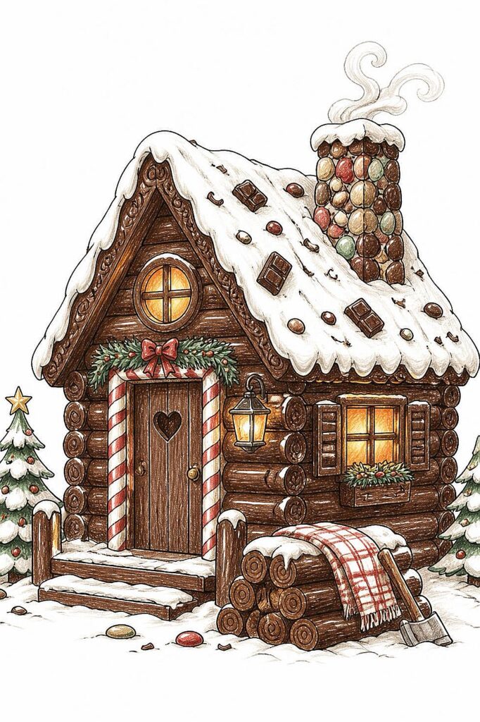 Illustration of a festive gingerbread house with snow, chimney smoke, and holiday decorations.