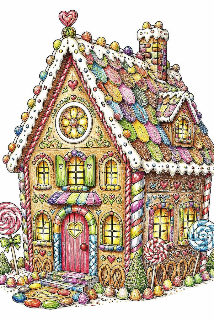 Decorative gingerbread house with candy details and colorful icing accents.