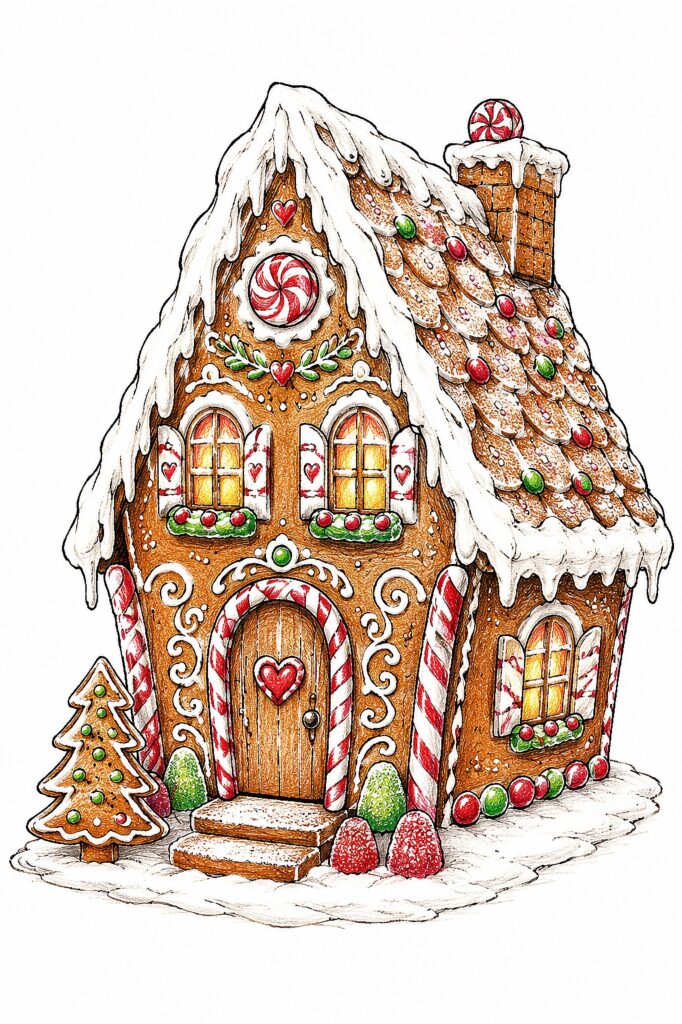 Decorative gingerbread house with icing, candies, and snow for Christmas.