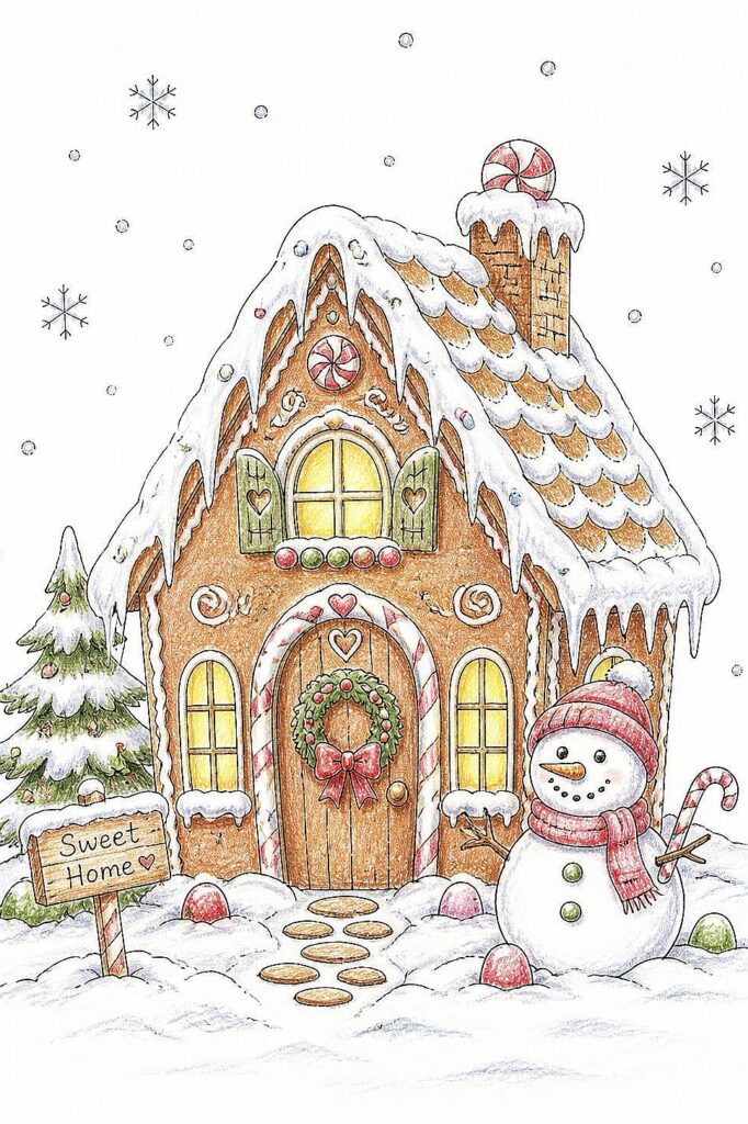 Adorable gingerbread house with snow, snowman, and holiday decorations in winter scene.