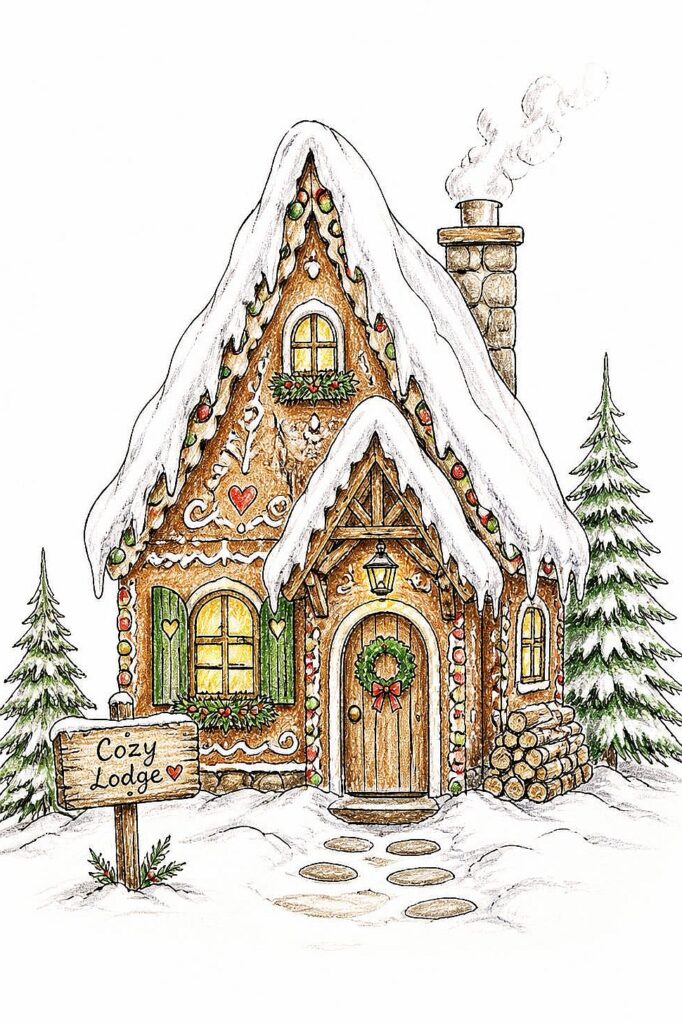 Cute gingerbread house with snow, Christmas decorations, and chimney smoke.