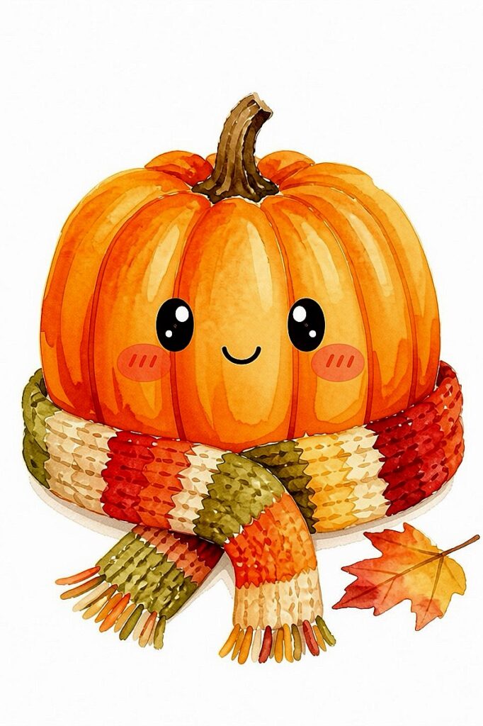 Adorable watercolor pumpkin with a colorful scarf and autumn leaf.