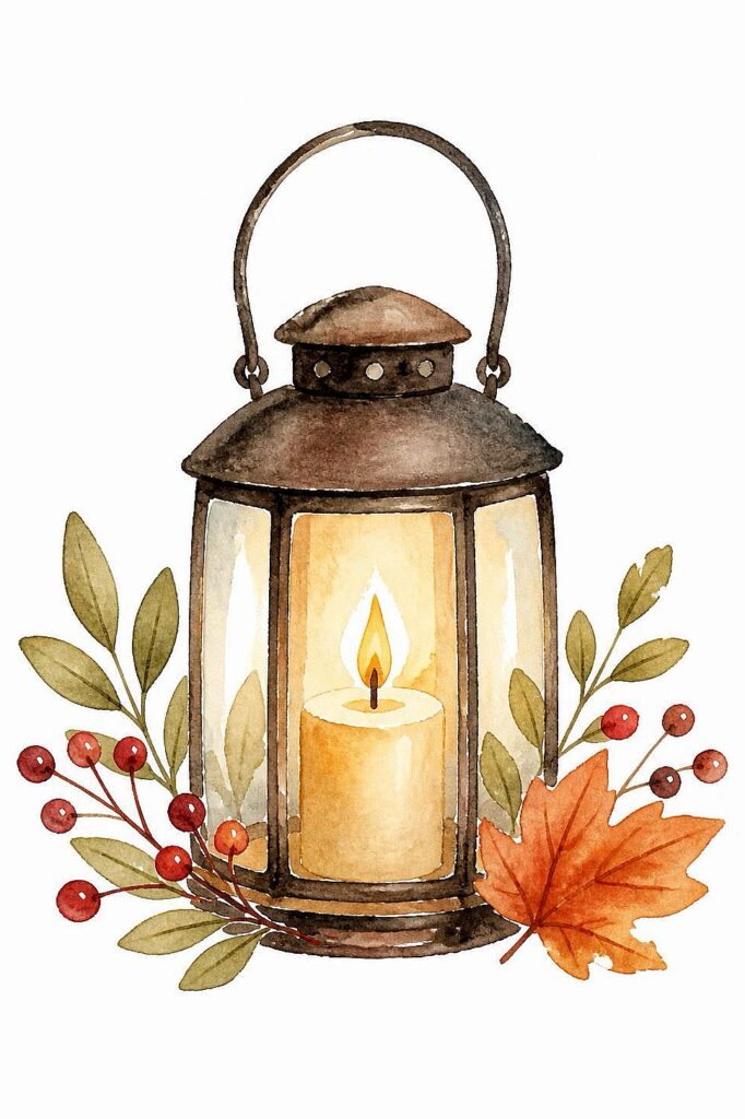 Watercolor painting of a lantern with a candle, surrounded by fall leaves and berries.