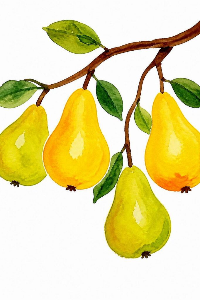 Watercolor painting of yellow and green pears hanging from a branch with leaves.
