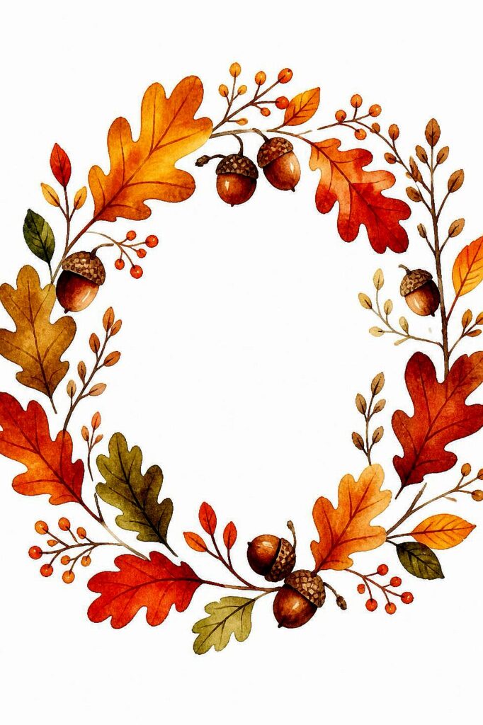 Watercolor fall wreath with leaves, acorns, and berries for autumn decor.