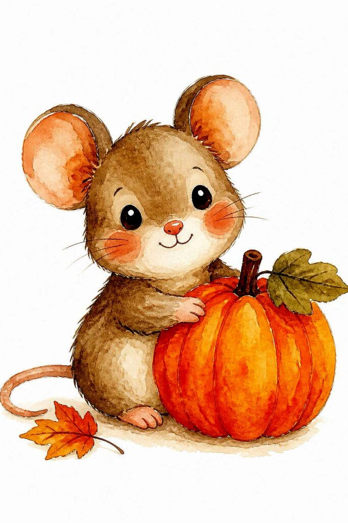 Adorable watercolor mouse holding a pumpkin for fall decor.