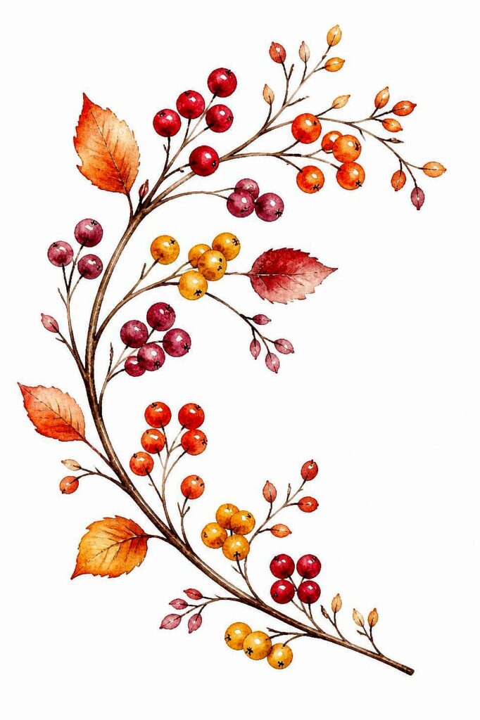 Watercolor illustration of fall berries and leaves for autumn art projects.