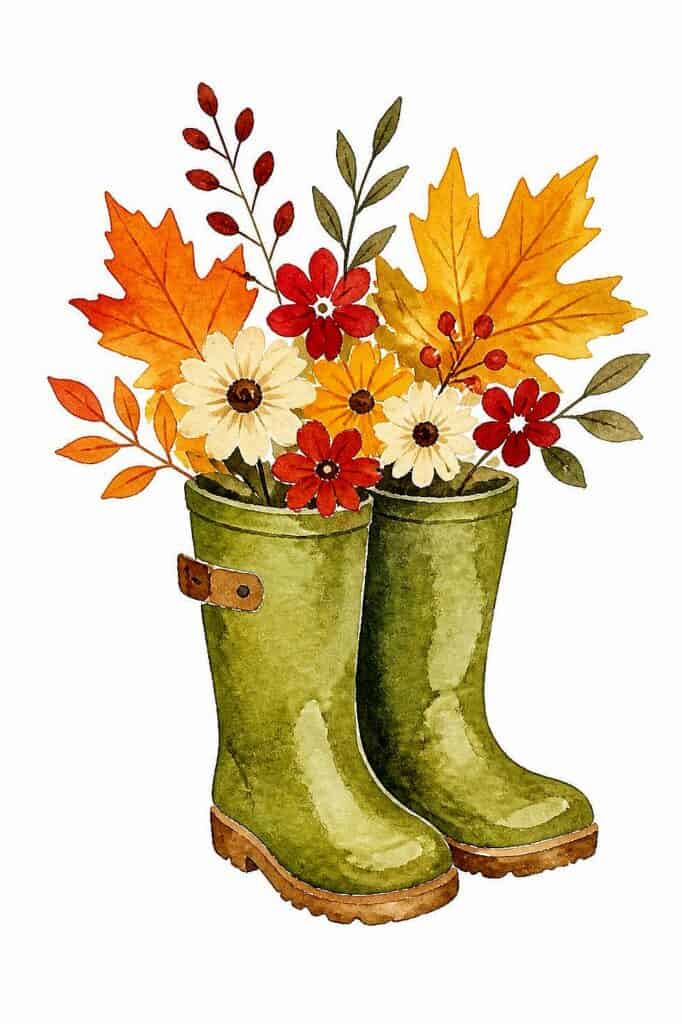 Watercolor illustration of green rain boots filled with autumn leaves and flowers.