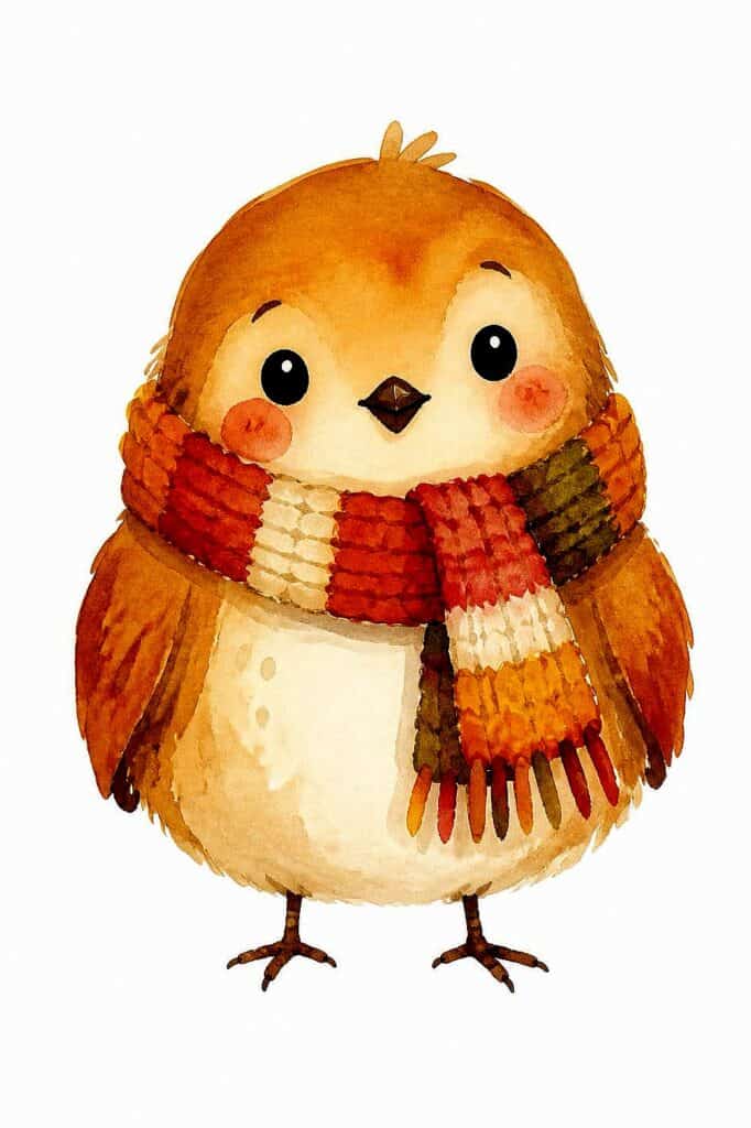 Adorable watercolor bird wearing a colorful striped scarf for fall.