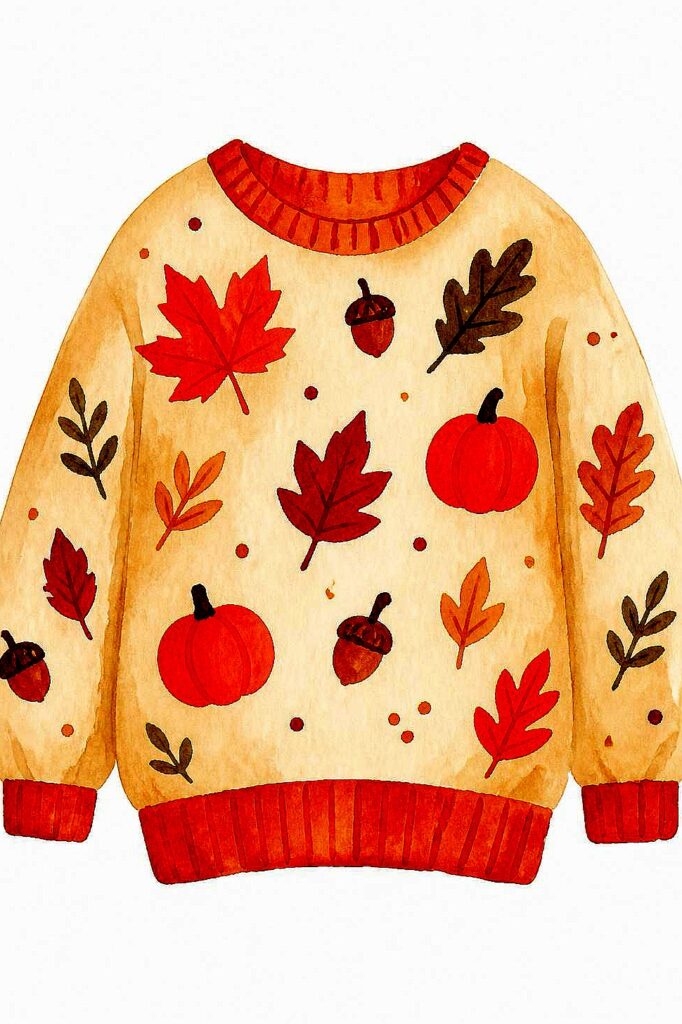 Watercolor illustration of a cozy fall sweater with leaves and pumpkins.