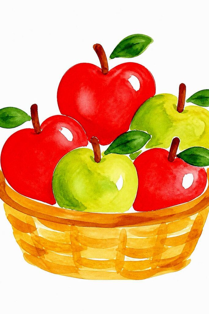 Colorful watercolor apples in a basket, perfect for fall watercolor ideas.